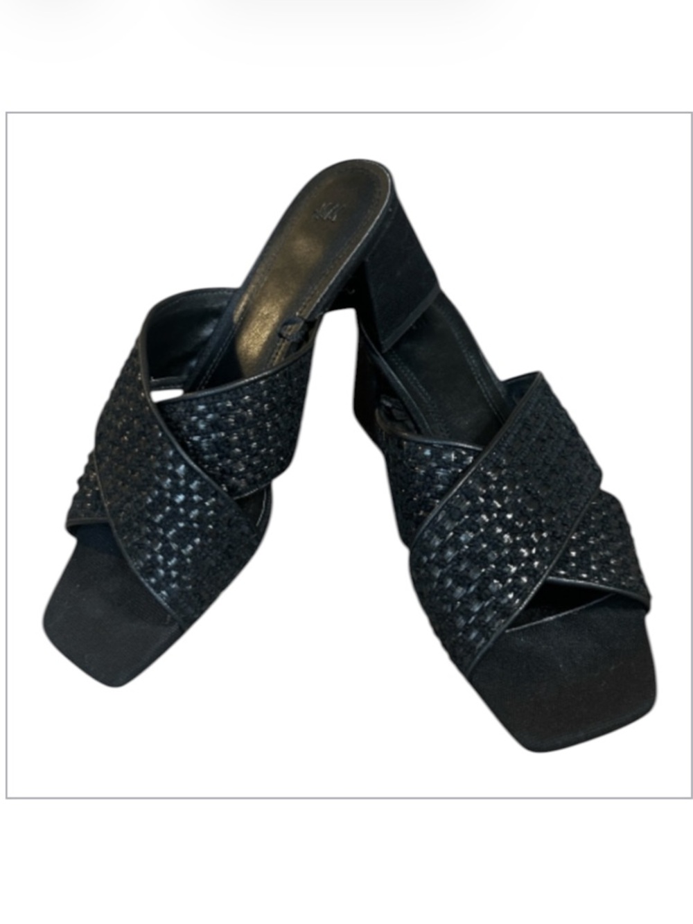 H&M Textured Cross-Strap Black Mules Slip-On Flared Heel Sandals Size 38